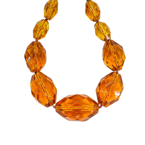 Vintage Faceted Amber Glass Beaded Necklace – Hand Knotted Graduated 1930s Czech - Picture 4 of 7
